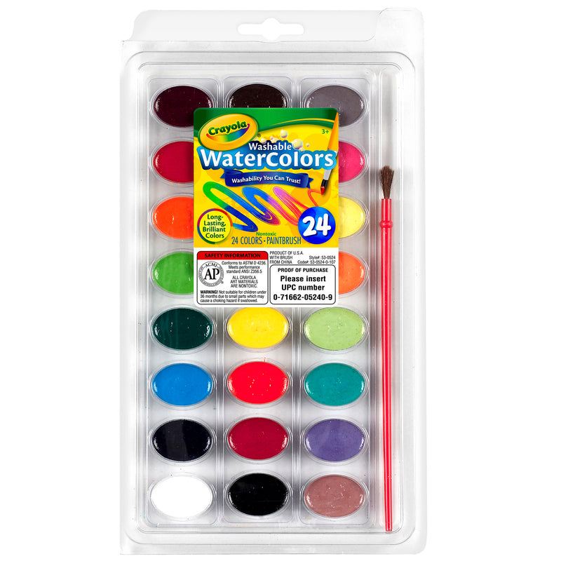24ct Washable Watercolor Pans With Plastic Handled Brush