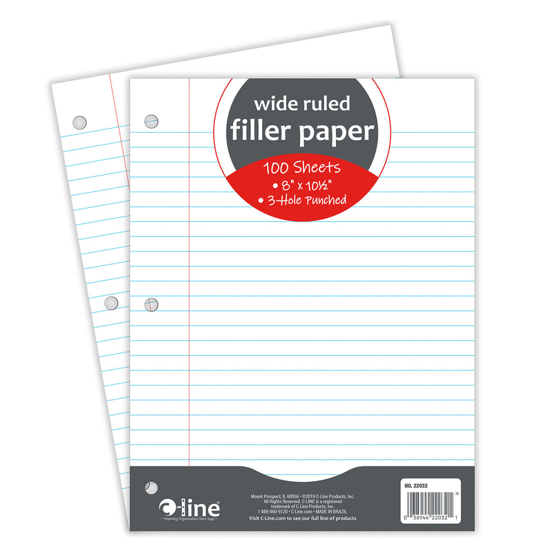 Filler Paper, Wide Ruled, 8" x 10-1-2", White, 100 Sheets
