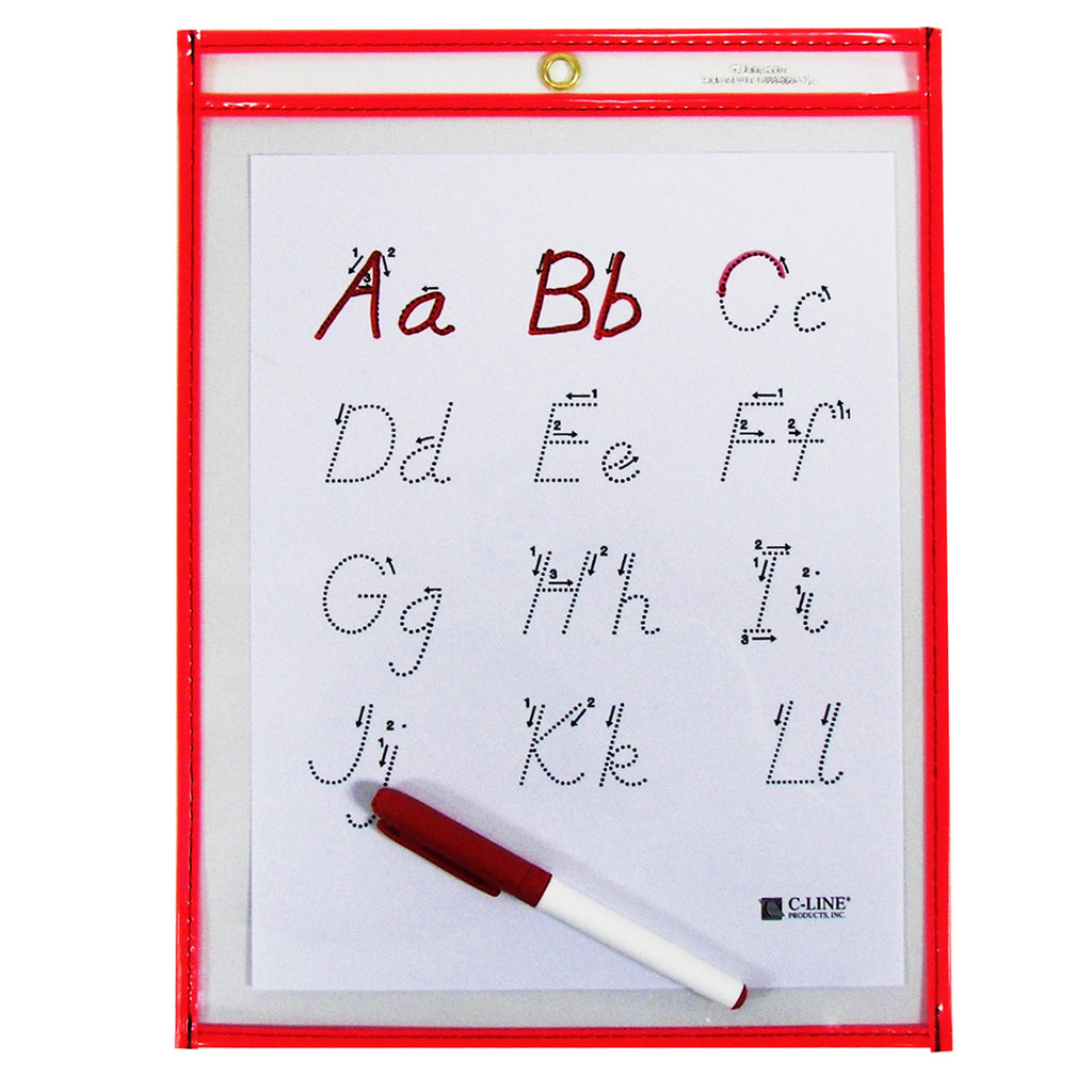 C Line Reusable Dry Erase Pockets Red Neon