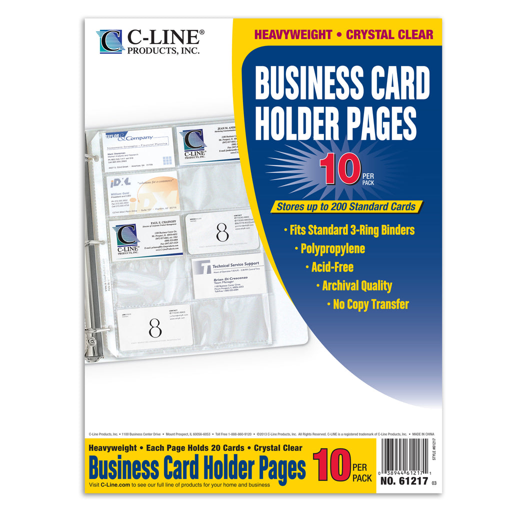Business Card Holder, Poly without Tabs, Holds 20 Cards-Page, 11-1-4" x 8-1-8", Pack of 10