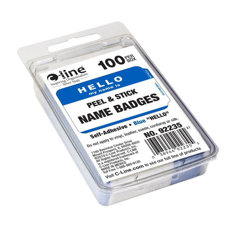 Pressure Sensitive Badges, Hello my name is, Blue, 3-1-2" x 2-1-4", Box of 100