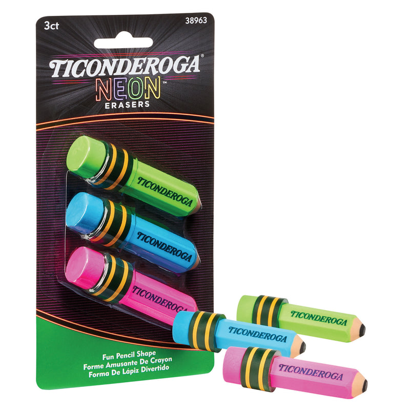 Pencil Shaped Neon Erasers 3pk