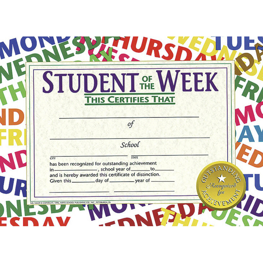Student Of The Week 30-pk 8.5 X 11 Certificates