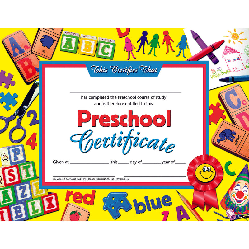 Preschool Certificate 30pk Yellow Background