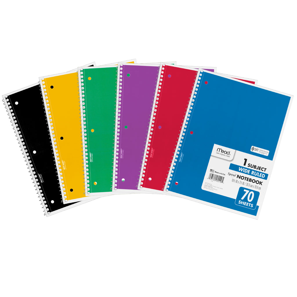 Notebook Spiral Single Subject 70ct 10 1-2 X 8 Assorted Colors