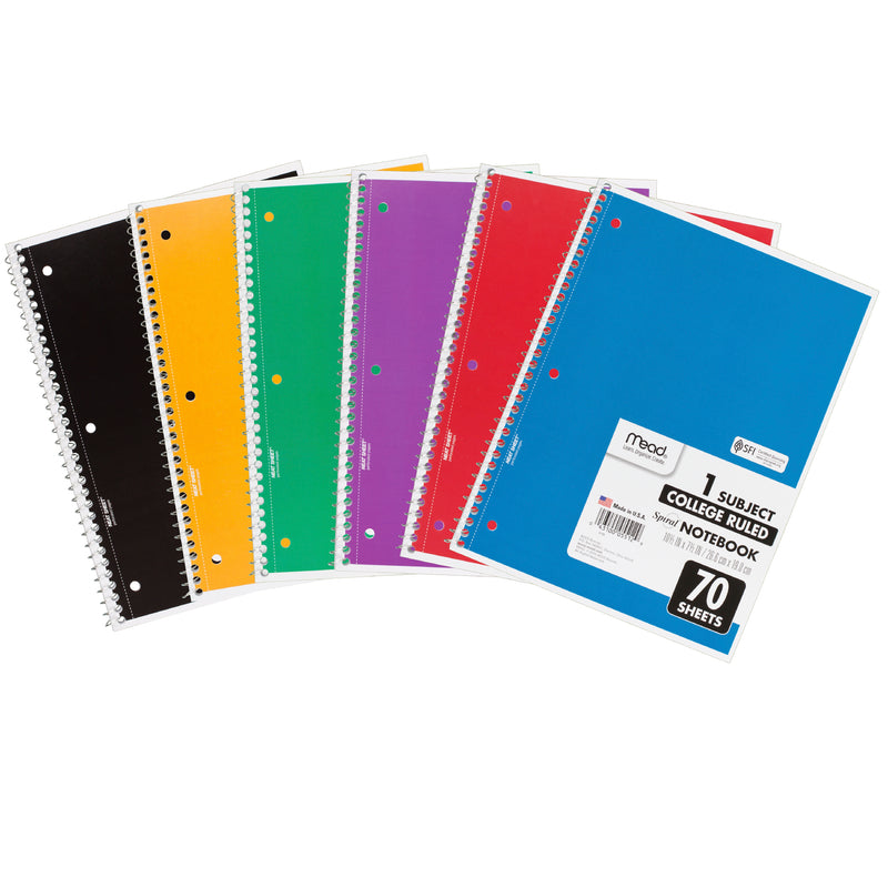 Notebook Spiral Single 70 Sht Ct Subject Assorted Colors