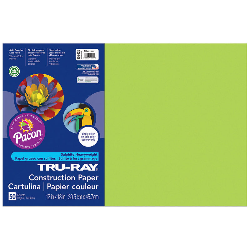 (5 Pk) Tru Ray 12x18 Brilliant Lime Construction Paper 50sht Per Pk