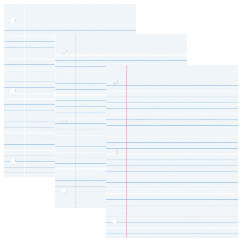 Filler Paper, White, 3-Hole Punched, Red Margin, 3/8" Ruled, 8" x 10.5", 200 Sheets Per Pack, 3 Packs