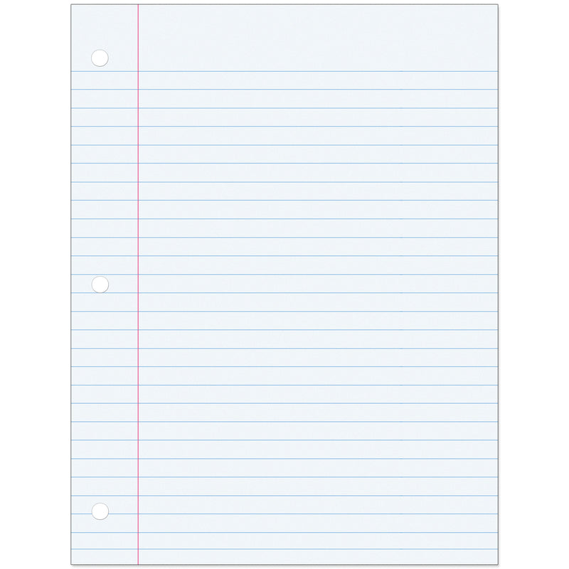 Filler Paper, White, 3-Hole Punched, Red Margin, 3-8" Ruled, 8" x 10.5", 200 Sheets