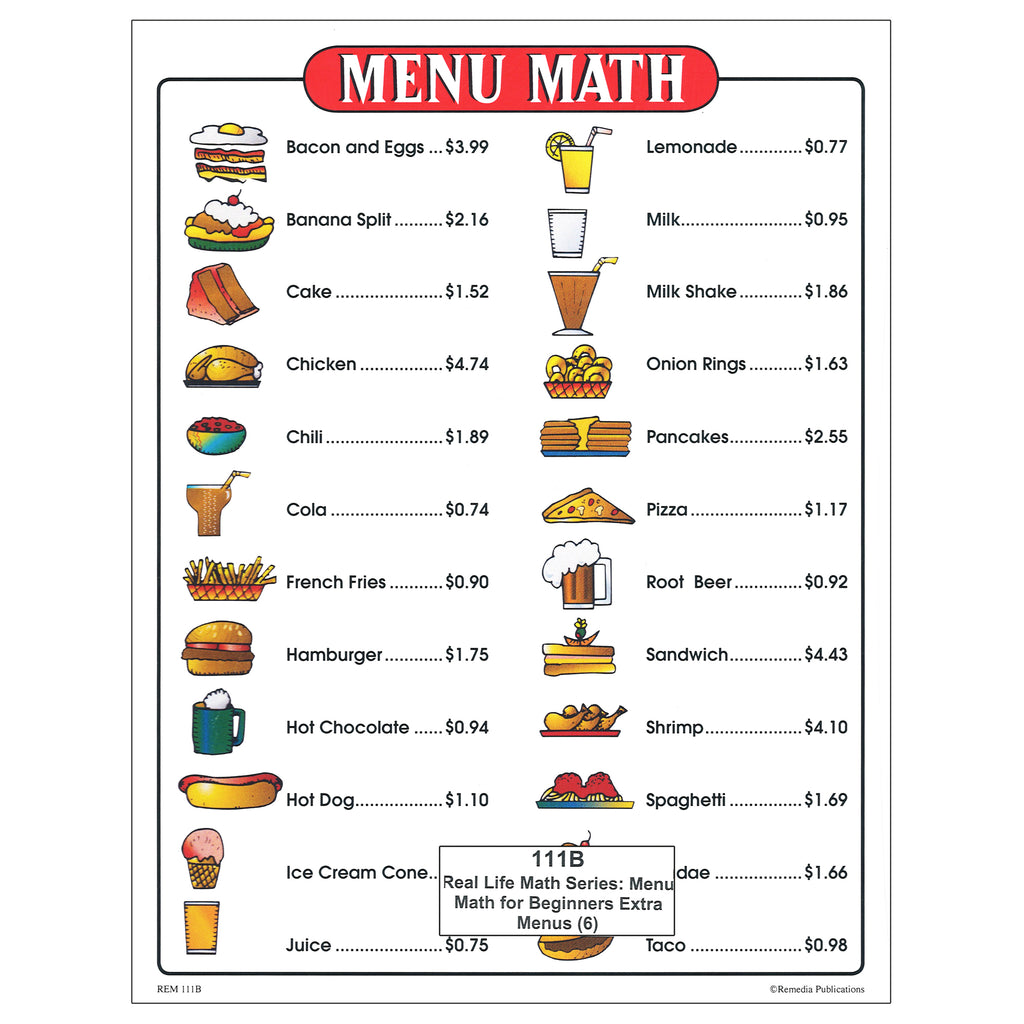 Menu Math For Beginners 6pk Extra Price Lists