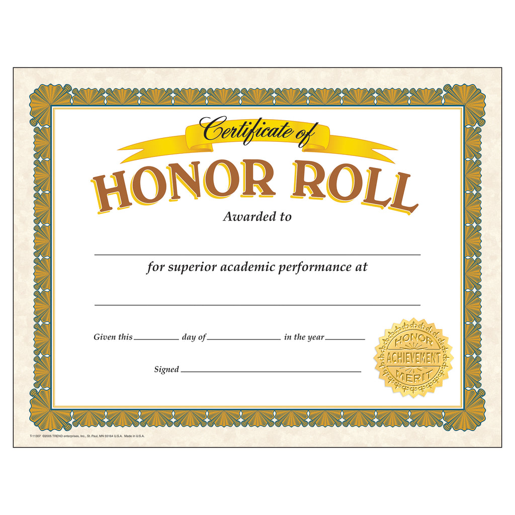 Certificate Of Honor Roll 30-pk