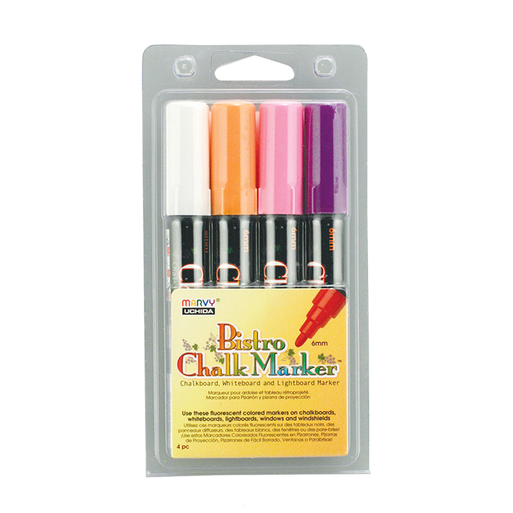 Bistro Chalk Markers Brd Tip 4 Clr Set Wht Fluor Violet Org Pnk
