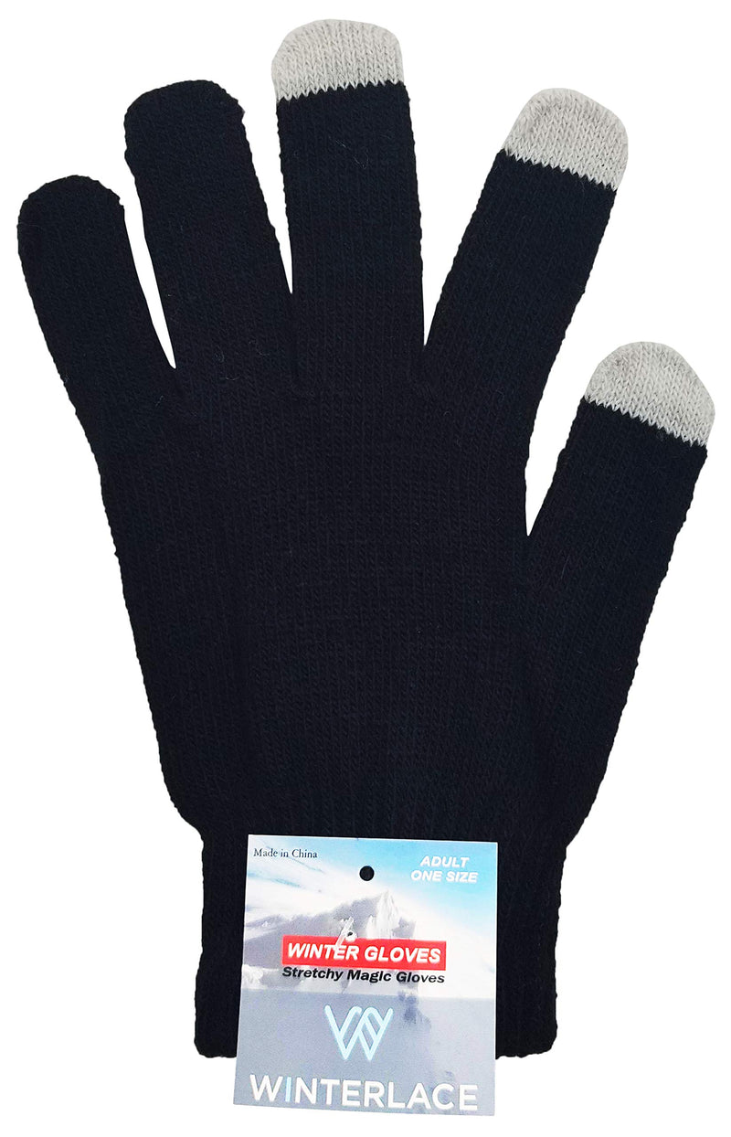 48 Pairs Winter Magic Gloves, Bulk Warm Brushed Interior, Stretchy Assorted Mens Womens (Assorted Knit)