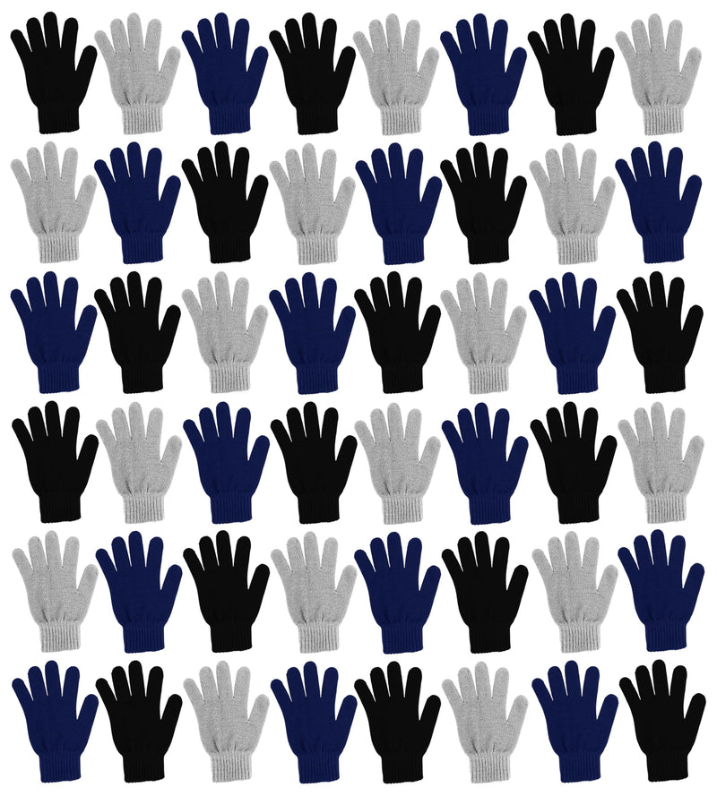 48 Pairs Winter Magic Gloves, Bulk Warm Brushed Interior, Stretchy Assorted Mens Womens (Assorted Knit)