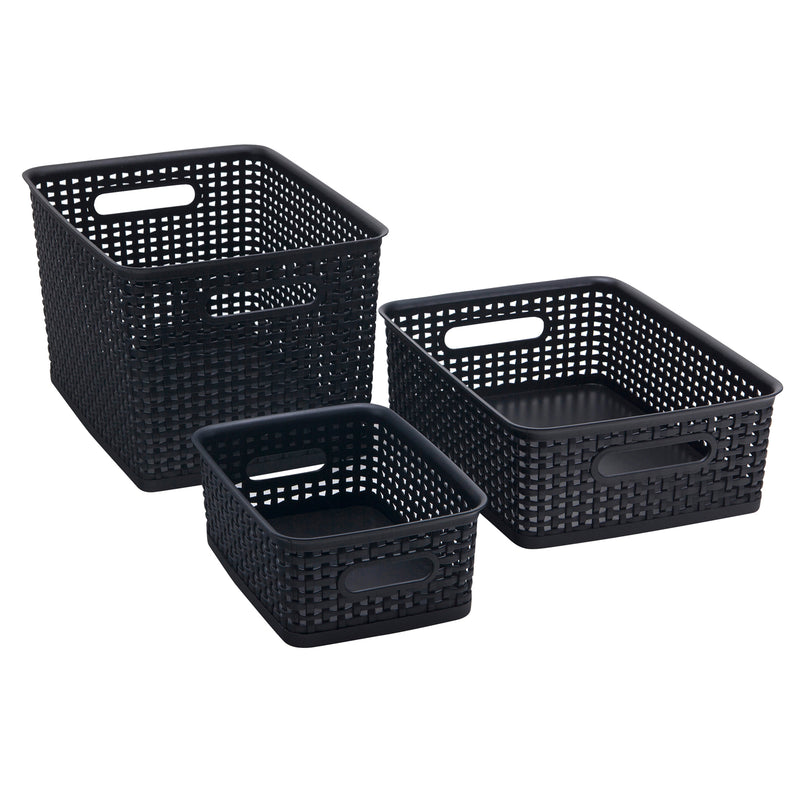 Plastic Weave Bin, Medium, Black, Pack of 3