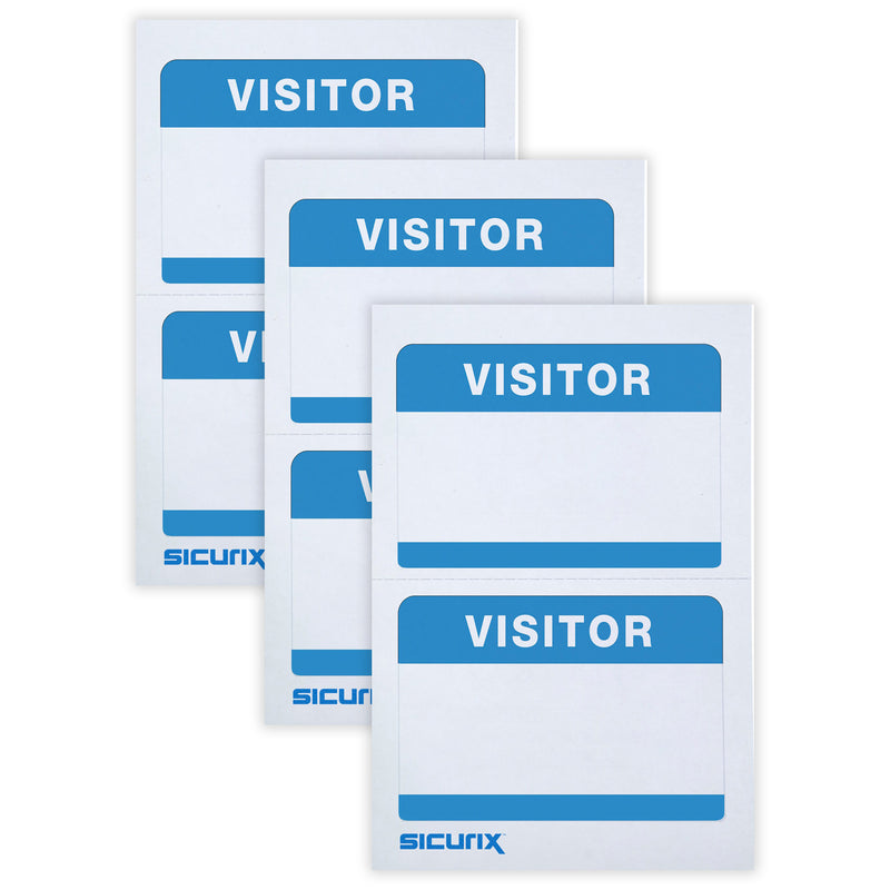 Visitor Adhesive Badges, Blue, 100 Per Pack, 3 Packs