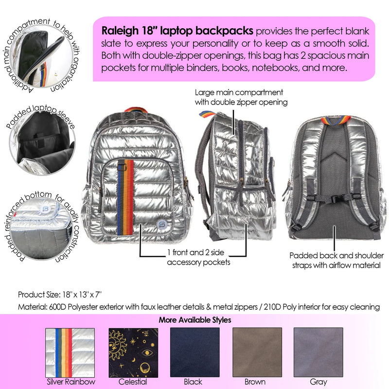 RALEIGH Puff Backpack, 18", Silver Rainbow