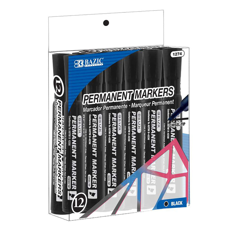 Permanent Markers, Desk Style, Chisel Tip, Black, 12 Per Box, 3 Boxes