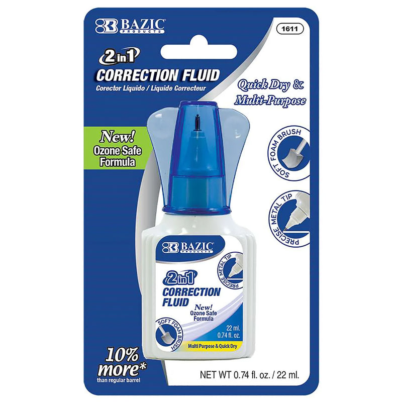 2 in 1 Correction Fluid with Foam Brush Applicator & Pen Tip, 0.74 FL OZ (22 mL), Pack of 12