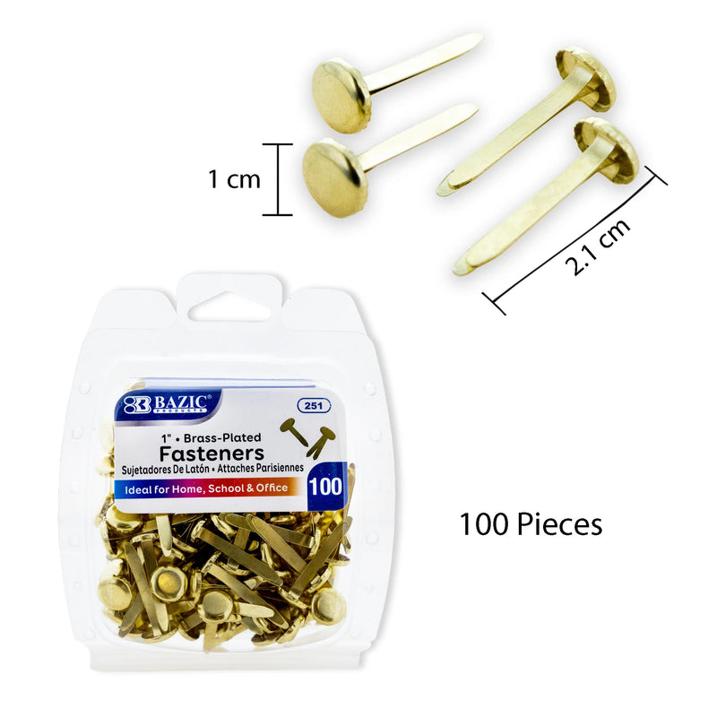 Brass-Plated Fasteners, 1", 100 Per Pack, 12 Packs