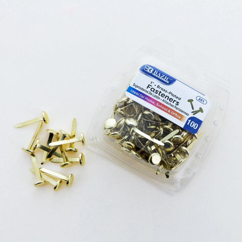 Brass-Plated Fasteners, 1", 100 Per Pack, 12 Packs