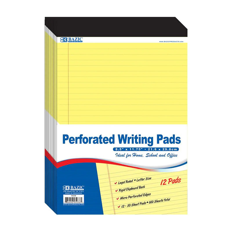 Yellow Perforated Writing Pads 12ct 50 Sheets/pad 8.5x11.75in