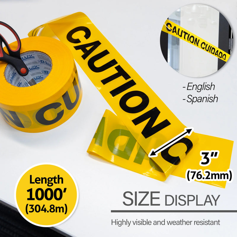 CAUTION Barricade Tape, Yellow, 3" x 1000'