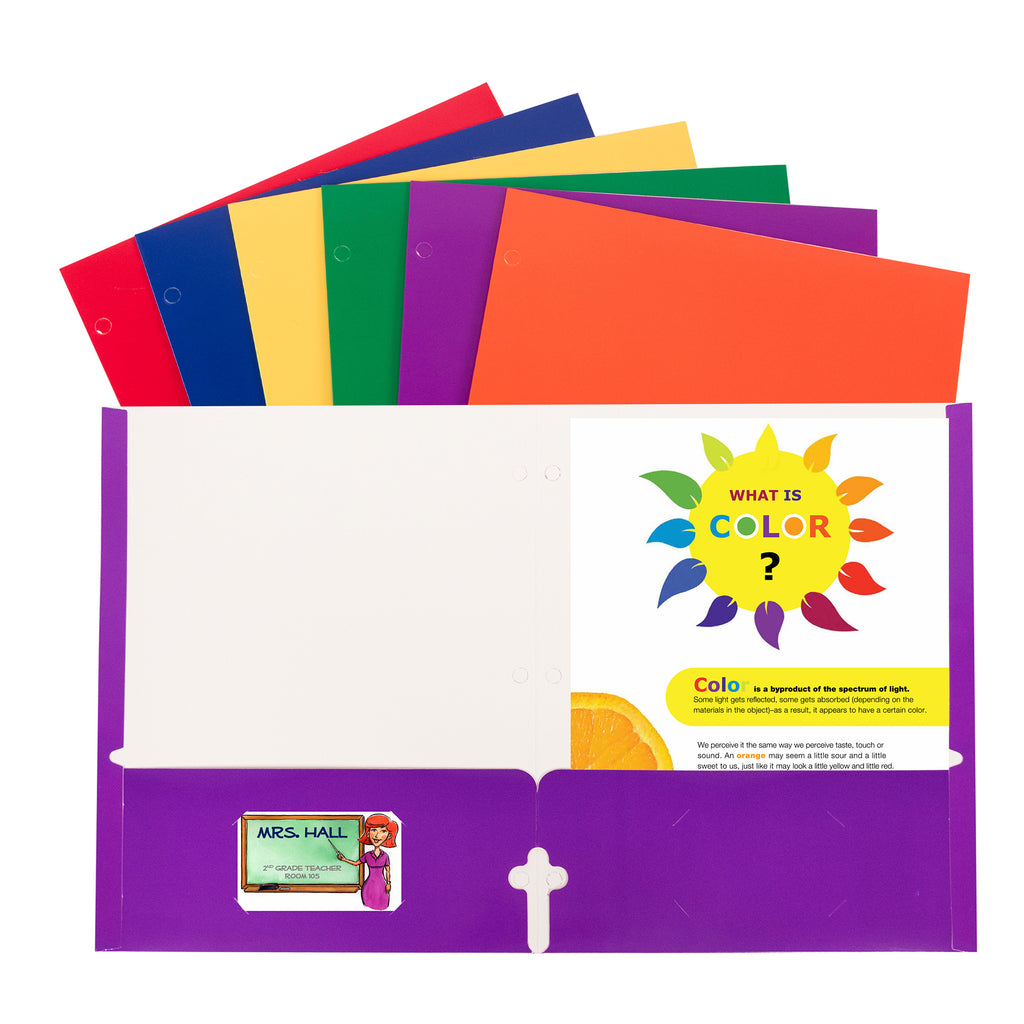 2-Pocket Laminated Paper Folder with 3-Hole Punch, Assorted Primary Colors, Pack of 50