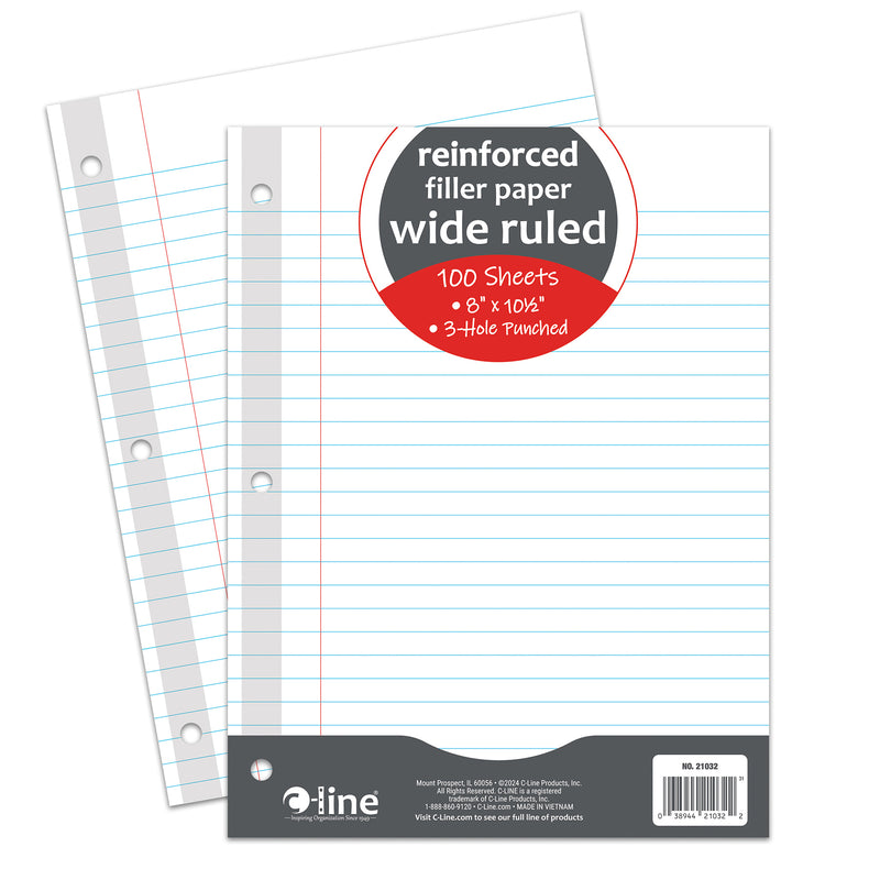 Reinforced 3-Hole Punched, Filler Paper, Wide Rule, 10.5" x 8", 100 Sheets Per Pack, 6 Packs