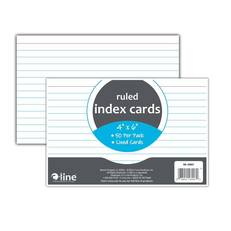 Index Cards, 4" x 6", White, Ruled, 50 Per Pack, 10 Packs