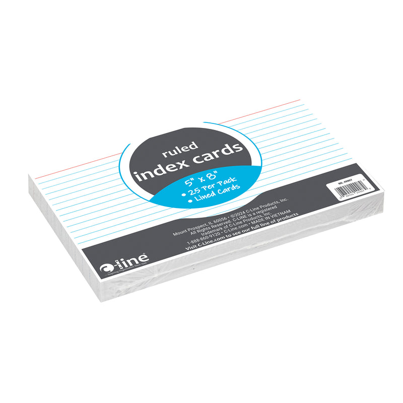 Index Cards, 5" x 8", White, Ruled, 25 Per Pack, 10 Packs