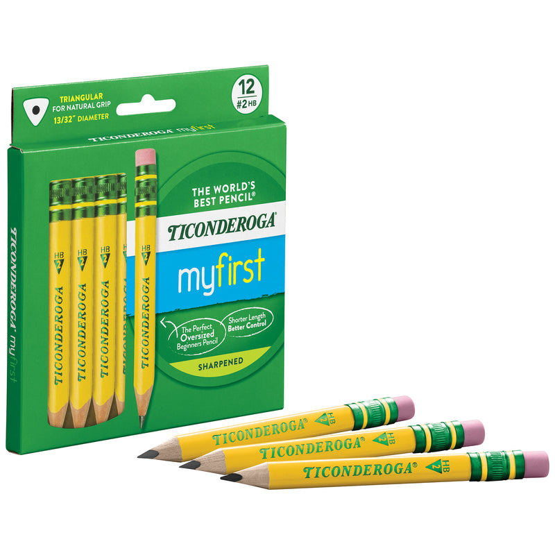 My First® Short Wooden Pencils, Large Triangle Barrel, Sharpened, #2 HB Soft, With Eraser, Yellow, 12 Per Pack, 2 Packs