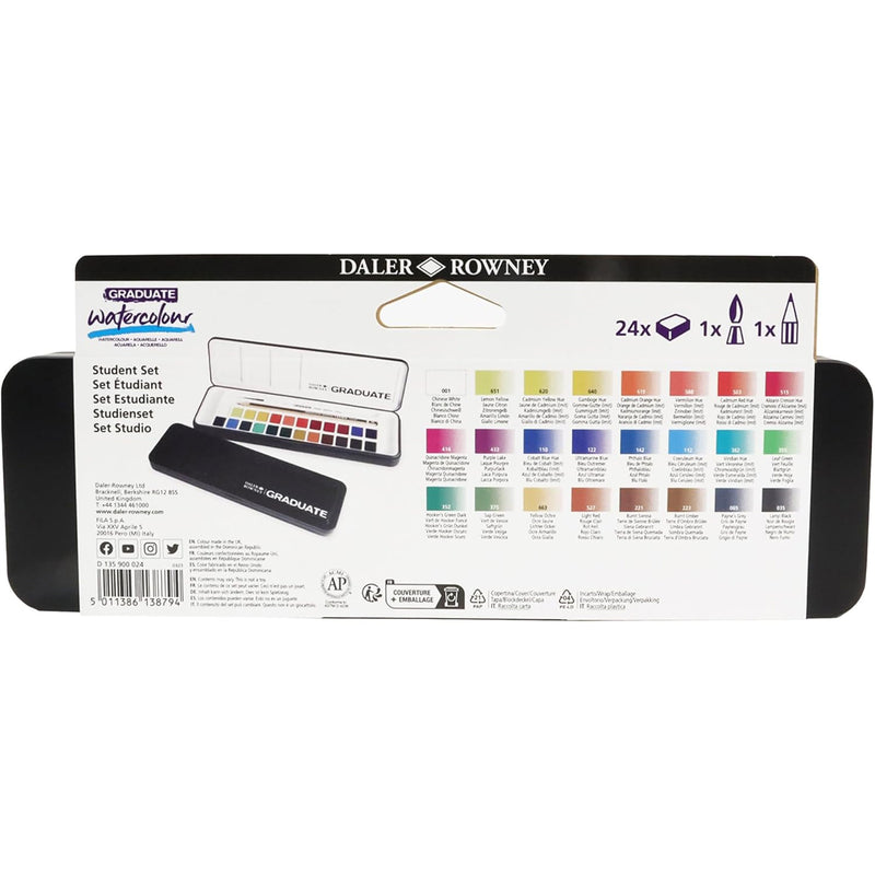 Graduate Watercolor Paint Half Pan Travel Set, Assorted Colors, 24 Pieces