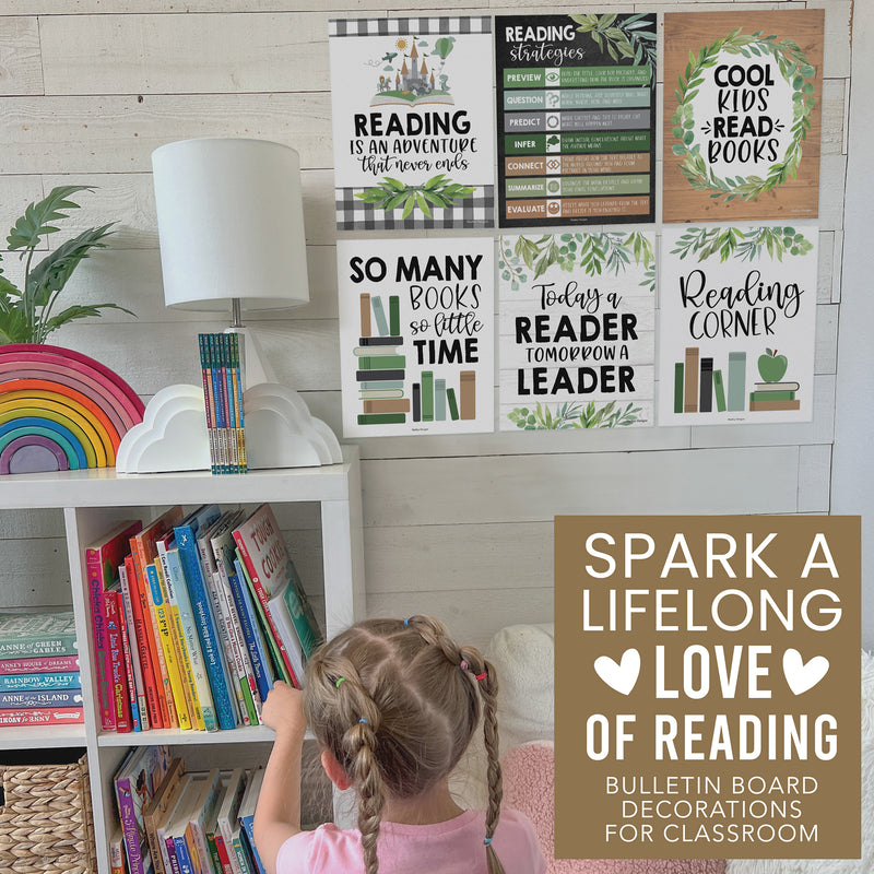 Farmhouse Greenery Reading Posters For Classroom Library Decor, Set of 6