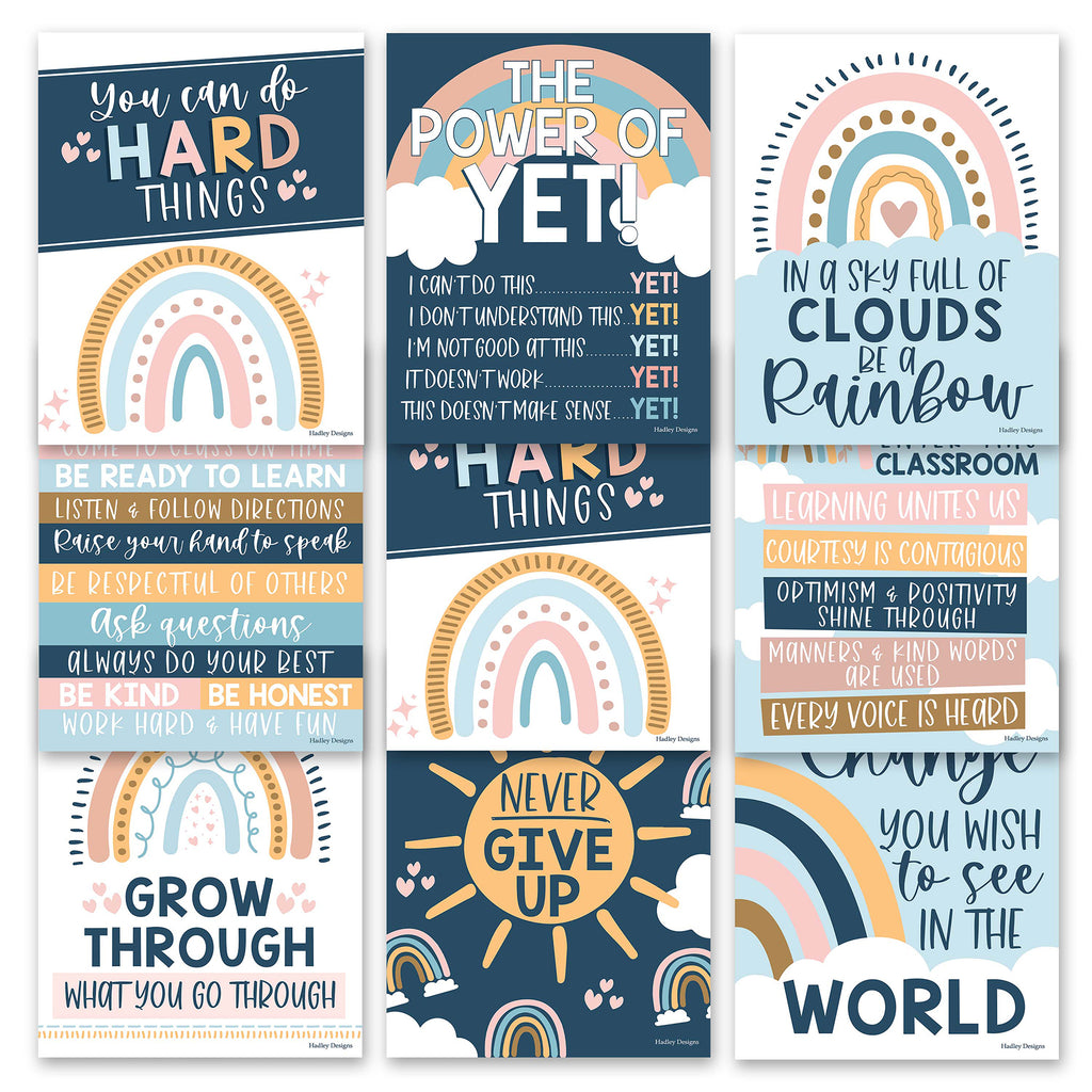 Boho Rainbow Growth Mindset Classroom Decor Posters, Set of 9