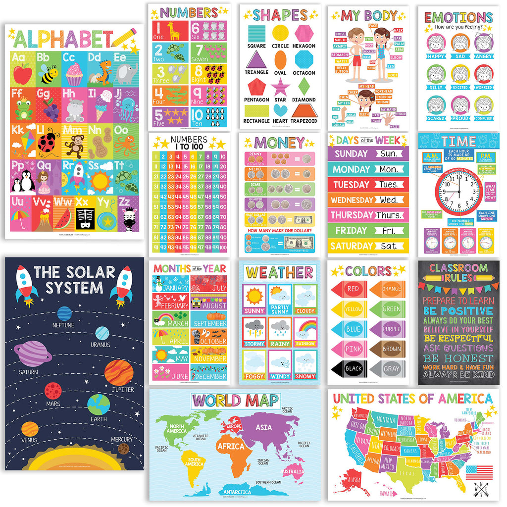 Colorful Preschool Educational Laminated Posters For Toddlers, Set of 16