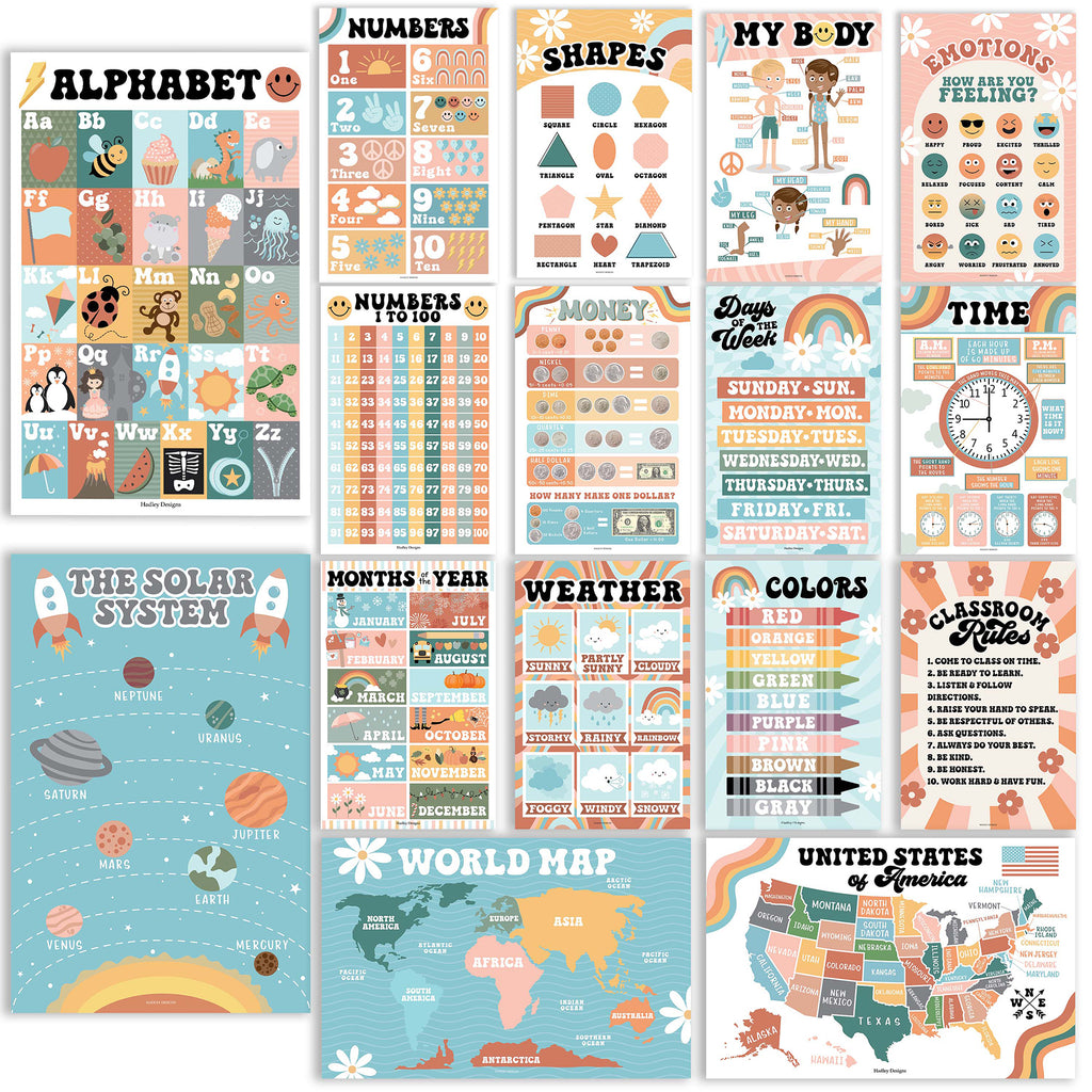 Retro Boho Preschool Educational Laminated Posters For Toddlers, Set of 16