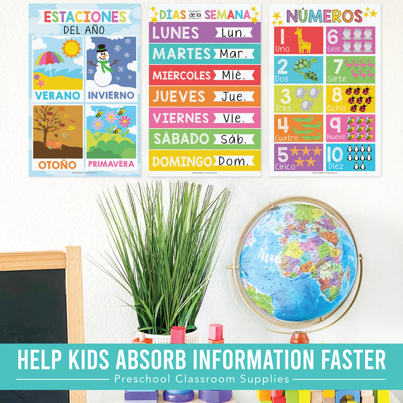 Colorful Spanish Preschool Educational Laminated Posters, Set of 12