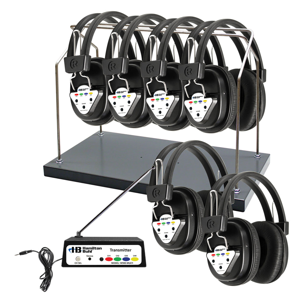AudioFlow™ Wireless 6-Person Listening Center with Multi-Frequency Transmitter, Wireless Headphones & Rack
