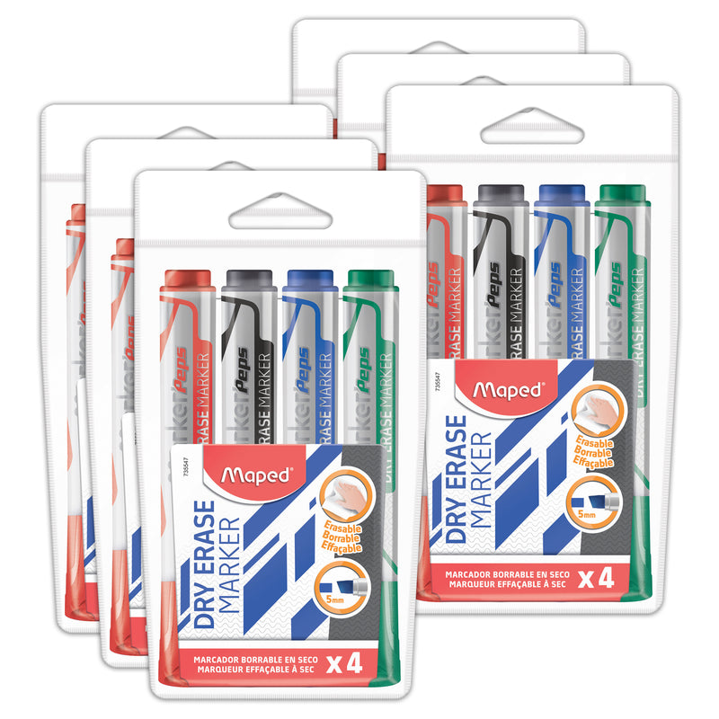 Marker'Peps Dry Erase Jumbo Marker, Chisel Tip, 4 Per Pack, 6 Packs