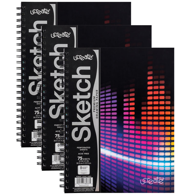 Fashion Poly Sketch Book, Sonic Vibes, Unruled, 12" x 9", Pack of 3