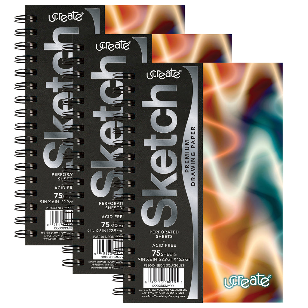 Poly Sketch Book, Neon Squiggles, 9" x 6", Pack of 3