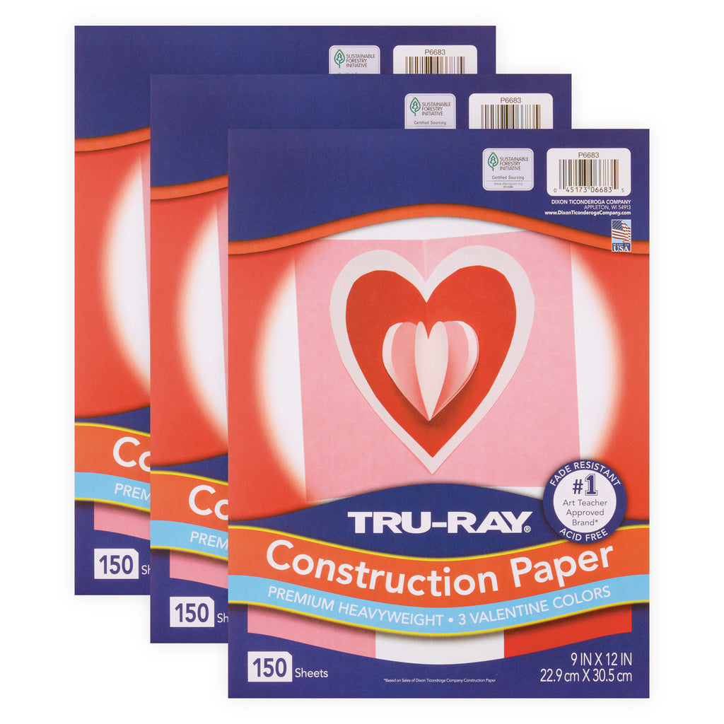 Construction Paper Valentine Assortment, 9" x 12", 150 Sheets Per Pack, 3 Packs