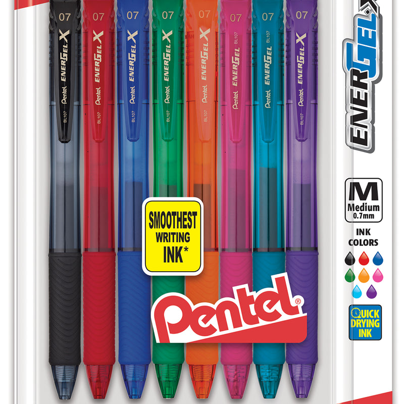 Energel-x Retract Gel Pen Asst 8pk 0.7mm Metal Tip