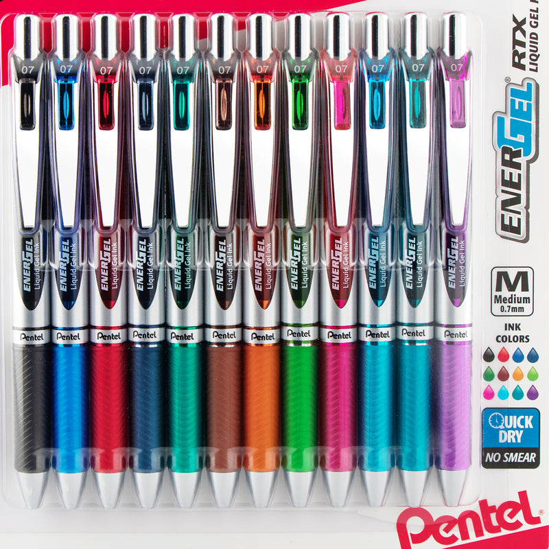 Energel Rtx Retract Gel Pen Asst 12pk 0.7mm Metal Tip