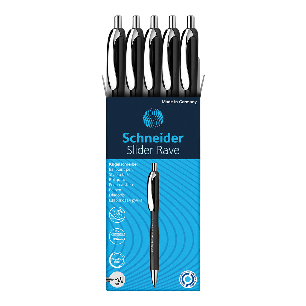 Slider Rave XB Retractable Ballpoint Pens, Black Barrel/Blue Ink, Box of 5