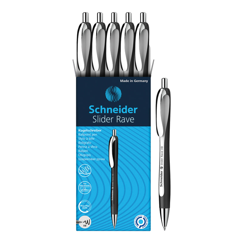 Slider Rave XB Retractable Ballpoint Pens, White-Black Barrel/Blue Ink, Box of 5