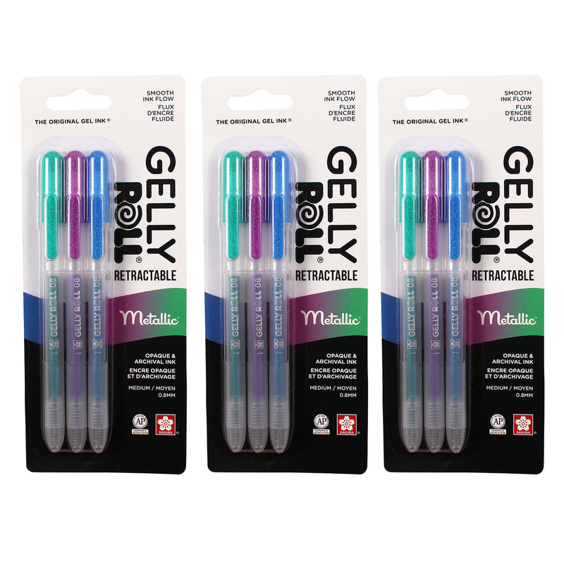 Retractable Metallic Gel Pens, 08 Medium Point, Assorted Colors, 3 Per Set, 3 Sets