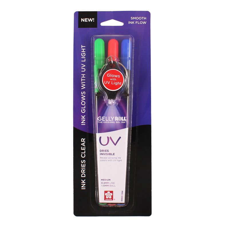 UV Gel Pens, Medium Point, Assorted Colors, 3 Per Set with UV Light, 3 Sets