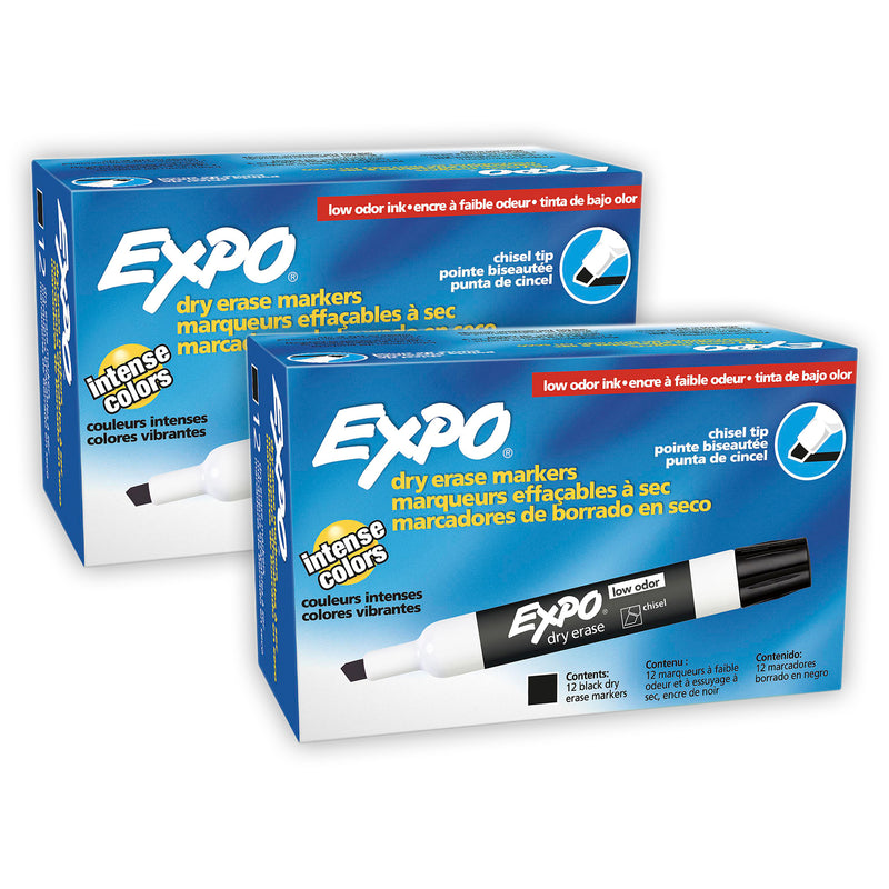 (2 Pk) Box Of 12 Blk Expo Dry Erase Low Odor Chisel Tip